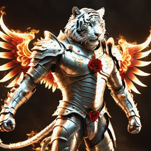 Realistic
Description of a [male WHITE HUMAN TIGER with very large WHITE wings] Very muscular and highly detailed Tiger Human, dressed in full body armor filled with letter H written all over the body, bright electricity running through his body (full armor with the letter H). letter medallion. H, metal gloves with long, sharp blades, swords on the arms. , (metal sword with transparent fire blade). in right hand, full body, hdr, 8k, subsurface scattering, specular light, high resolution, octane rendering, (full armor with letter H etched on armor), ANGEL WINGS, (ANGEL WINGS), sword of transparent fire, golden field background with red ROSES, fire whip in his left hand, fire element, armor that protects the entire body, (male HUMAN TIGER) fire element, fire sword, golden armor, tiger face, (armor complete with the letter H engraved on the armor), fire element, composed of fire elements, armor, more detail XL