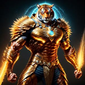 Realistic
FULL BODY IMAGE, Description of a [super MUSCLE HUMAN TIGER WARRIOR with TIGER head] muscular arms, very muscular and very detailed, LEFT ARM WITH REINFORCED HEAVY BRACELET with solid shield, right hand holding a FIRE SWORD, dressed in armor illuminated gold medallion, a letter H medallion, hdr, 8k, subsurface scattering, specular lighting, high resolution, octane rendering, ILLUMINATED GOLDEN WHEAT BACKGROUND IN OPEN FIELD, FULL BODY IMAGE, tiger head, super muscular legs