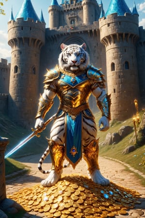 REALISTIC
It is daytime and we see the full body image of a tall and muscular white human tiger warrior with armor and blue sword standing on gold coins and on jewels, emeralds, rubies, sapphires, diamonds, in front of him a path of gold filled of treasure chests and jewels and behind him a beautiful and fantastic castle, background of a beautiful castle with flags with the letter H, in his left hand a bag full of gold, The strong lighting of the bright sun makes the gold shine in the ground, the castle in the background looks fantastic and is full of flags with the letter H.letter H everywhere