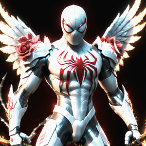 Realistic
Description of a very muscular and highly detailed [WHITE SPIDERMAN with WHITE wings], dressed in full body armor filled with red roses with ELECTRIC LIGHTS all over his body, bright electricity running through his body, full armor, letter medallion. H, H letters all over uniform, H letters all over armor, metal gloves with long sharp blades, swords on arms. , (metal sword with transparent fire blade). in right hand, full body, hdr, 8k, subsurface scattering, specular light, high resolution, octane rendering, field background, ANGEL WINGS,(ANGEL WINGS), transparent fire sword, golden field background with ROSES red, fire whip in his left hand, fire element, armor that protects the entire body, (SPIDERMAN) fire element, fire sword, golden armor, medallion with letter H on his chest,fire element