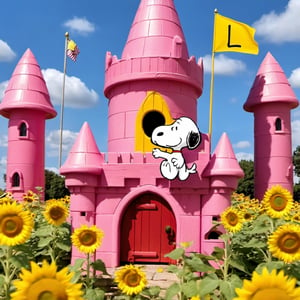 
SNOOPY PLAYING IN A PINK CASTLE FULL OF SUNFLOWERS, flags with the letter L