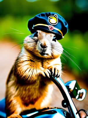 prairie dog rides motorcycle,smile,hat