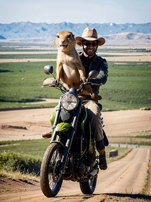 prairie dog rides motorcycle,smile,hat