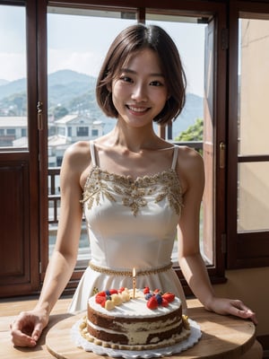 ultra highly intricate detailed 8k,UHD,professional photo,  fashion model,natural light,smile,dress,taiwan girl,cake,happy birthday