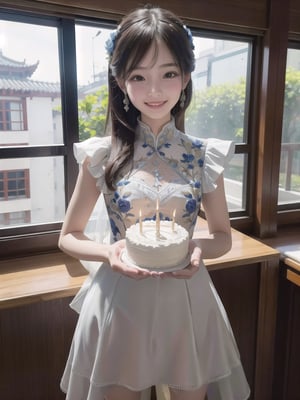 ultra highly intricate detailed 8k,UHD,professional photo,  fashion model,natural light,smile,dress,3 taiwan girls,holding cake,happy birthday,party,realhands