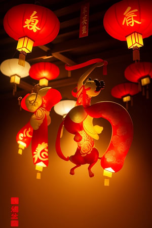 masterpiece, best quality, chinese deco, lanterns, red theme, golden, celebrate, happiness, chinese new year,