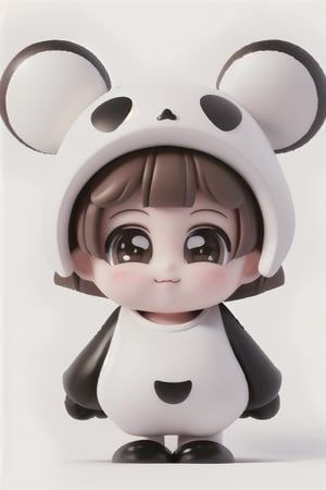 full body, multiple views, 3d rendering, 1girl, solo, looking at viewer, blush, short hair, bangs, simple background, brown hair, white background, brown eyes, full body, chibi, black footwear, :3, animal costume, panda, panda ears, white hat, ((white t-shirt)), cute, smile, happiness ,3D