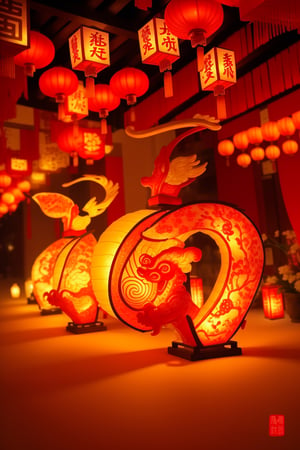 masterpiece, best quality, chinese deco, lanterns, red theme, golden, celebrate, happiness, chinese new year,