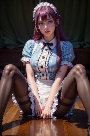 (masterpiece, best quality:1.4), photorealistic, raw photo,1 girl, sexy girl, beautiful girl, young girl, solo,  high-resolution,  high contrast, realistic,  extreme detailed background, detailed eyes,  (long hair, purple hair, braid, maid headdress, purple eyes, neck ribbon, frills, vertical stripes, blue dress, short sleeves, apron, black pantyhose:1.3), (spread legs, thong, skirt lift up:1.3), 