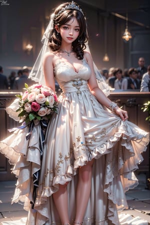 (masterpiece, best quality:1.4), photorealistic, raw photo,1 girl, sexy girl, beautiful girl, young girl, solo,  high-resolution,  high contrast, realistic,  extreme detailed background, detailed eyes, a drawing of a woman's wedding dress, cleavage, breasts, high_heels,wedding dress,bridal veil,bridal tiara, crystal tiara,crystals embroidery, smile