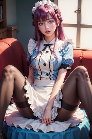 (masterpiece, best quality:1.4), photorealistic, raw photo,1 girl, sexy girl, beautiful girl, young girl, solo,  high-resolution,  high contrast, realistic,  extreme detailed background, detailed eyes,  (long hair, purple hair, braid, maid headdress, purple eyes, neck ribbon, frills, vertical stripes, blue dress, short sleeves, apron, black pantyhose:1.3), (spread legs, thong, skirt lift up:1.3), 