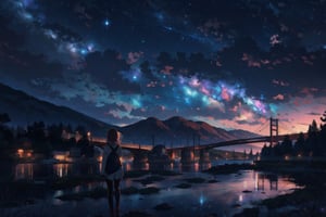 anime, girl, landscape, beautiful scenery, beautiful, night, galaxy, 