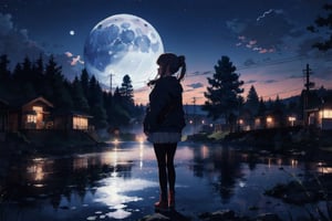 anime, girl, landscape, beautiful, beautiful, night, moon, 