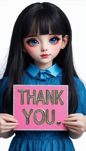 (Very pretty Chinese supermodel girl, with beautiful black hair, big blue eyes, bright and vibrant, long and thick eyelashes, holding a big sign with the words "Thank you ♥" in both hands. The background is cute, light tones, Mark Ryden style), detailed texture, high quality, high resolution, high precision, realism, color correction, suitable lighting setup, harmonious composition, Behance work, text, the text is "Thank you"