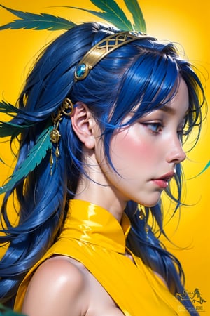 1 girl, solo, headdress, long hair, feathers, jewelry, blue hair, gemstones, yellow background, lips, hair decoration, profile, braids, portrait, watermark, viewed from the side, looking away, feather hair decoration