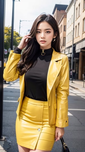 (Reality, Photo Quality: 1.37), Yellow Coat, Yellow Coat, K-Pop Idol, ((Highest Quality)), ((Intricate Detail)), ((Surrealism)), Ridiculous Resolution, 18 , young, sexy woman, point view, highly detailed illustration, of a girl, medium bust, perfect hands, detailed fingers, beautiful detailed eyes, medium long hair, brown eyes, (high collar: 1.2), tight Skirt, detailed background, choker, perfect eyes, charming eyes, looking.  View from the front