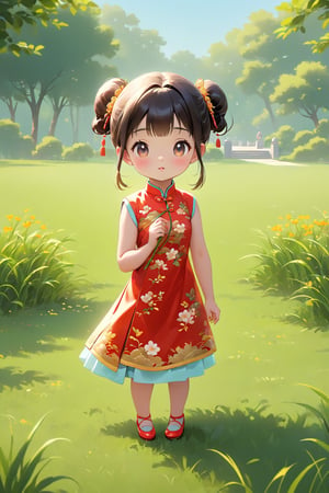 children's Q version, Q version standing on the grass, cute digital painting, clean background cute digital art, cute and detailed digital art, cute cartoon characters, beautiful character paintings, Chinese girl, realistic cute girl painting, beautiful digital artwork, palace, girl in cheongsam, cute characters, cute cartoon, digital cartoon painting art, Guviz style artwork