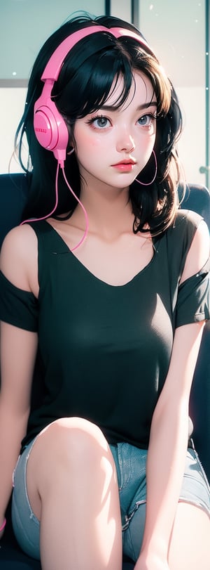 A beautiful Chinese girl wearing a black shirt, wearing pinky gaming headphones, playing computer games, one shoulder, sitting on an office chair, holding her cheek with one hand, black super long hair, clear hair, tired expression, Look at the lens lazily, super wide angle, backlighting, light and dark effects, realistic style,
