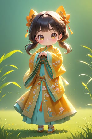 Children's Q version,Q version  standing on the grass,lovely digital painting, Clean background cute digital art, Cute detailed digital art, Cute cartoon character, Beautiful character painting, Chinese girl, Realistic cute girl painting, Beautiful digital artwork, Palace , A girl in Hanfu, cute character, Cute cartoon, digital cartoon painting art, Guviz-style artwork