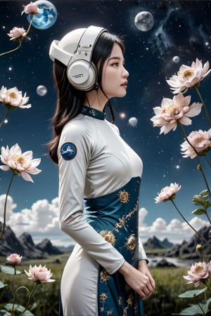 "The beautiful girl is dressed in a traditional Chinese dress, the cheongsam, with intricate embroidery, flowing and graceful, (wearing a modern astronaut helmet), the visor of which reflects the tranquil beauty of nature, perhaps a lush landscape or a starry sky, adding a sense of wonder and adventure. The background is cleverly detailed to enhance the focus on the girl, blending elements of tradition and exploration in a harmonious and visually captivating way.",astronaut_flowers,aodaixl,anime,ParallelObserver