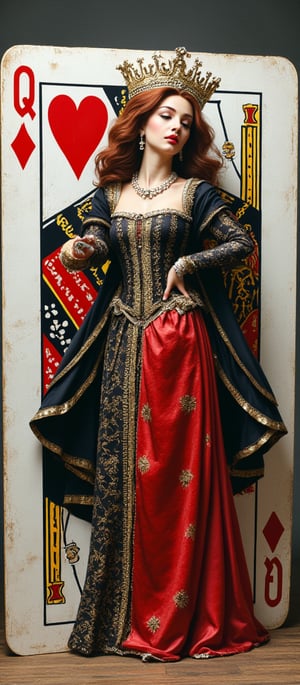 Portrait of a realistic, beautiful queen emerging from a large playing card depicting the Queen of Hearts. The queen is stepping out of the card, with half her body visible outside the card and half still inside. The playing card is upright and life-sized compared to the queen. By 007