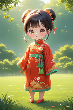 children's Q version, Q version standing on the grass, cute digital painting, clean background cute digital art, cute and detailed digital art, cute cartoon characters, beautiful character paintings, Chinese girl, realistic cute girl painting, beautiful digital artwork, palace, girl in Tang suit, cute characters, cute cartoon, digital cartoon painting art, Guviz style artwork