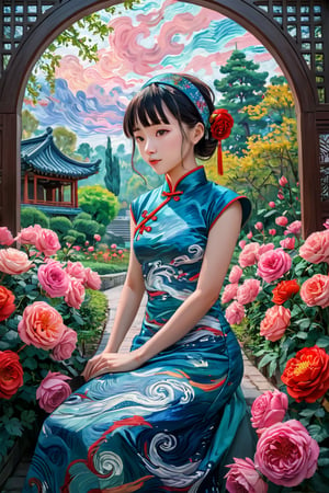 A girl in a rose garden, dressed in a traditional Chinese cheongsam dress, depicted in the style of a Van Gogh painting. Her dress features simple patterns and bright colors, typical of Chinese textiles, including a richly decorated voile and headband. The brushstrokes are bold and expressive, with swirling textures and dynamic movement reminiscent of Van Gogh's signature style. The background is a natural landscape with a vivid, swirling sky and lush greenery, painted in an equally dynamic and textured manner, reinforcing the girl's connection to her cultural heritage. ",Visual_Illustration,ruanyi0715