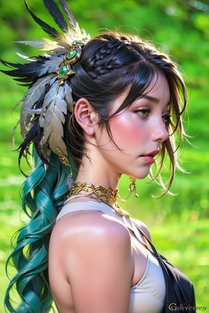 1 girl, solo, headdress, long hair, feathers, jewelry, blue hair, gemstones, green background, lips, hair decoration, profile, braids, portrait, watermark, viewed from the side, looking away, feather hair decoration