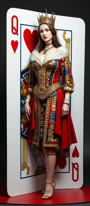 Portrait of a realistic, beautiful queen emerging from a large playing card depicting the Queen of Hearts. The queen is stepping out of the card, with half her body visible outside the card and half still inside. The playing card is upright and life-sized compared to the queen. By 007