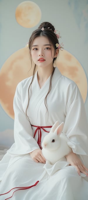  A young woman in a beautiful white hanfu sits on a soft, patterned fabric. She is adorned with delicate floral hair ornaments and a red tassel hangs from her waist. Her expression is serene and elegant, her gaze directed towards the viewer. A white rabbit sits beside her, adding a touch of innocence and charm to the scene. The background features a large moon, creating a sense of cultural richness and mystique.By 007