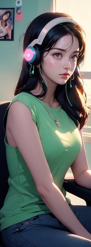 A beautiful Chinese girl wearing a green shirt, wearing pinky gaming headphones, playing computer games, one shoulder, sitting on an office chair, holding her cheek with one hand, black super long hair, clear hair, tired expression, Look at the lens lazily, super wide angle, backlighting, light and dark effects, realistic style,