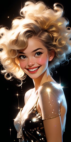 realistic beautiful young (by Conrad Roset, Nicola Samori, smiling), (purposefully beautiful:1.4), (1920s pinup girl, cute face, long hair, golden hair, silver lights, glitter), highly detailed, vibrant, production cinematic character render, ultra high quality model, 