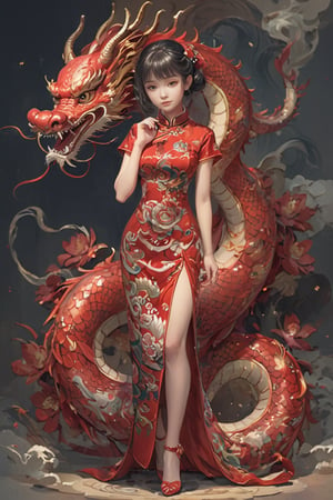 
Qipao:1.1,1 girl, full body:1.1, (masterful), detailed and intricate, Glass Elements, looking_at_viewer, Chinese girls, goth person, sfw, complex background, dragon pattern on red Qipao, dragon-themed, ,dragon-themed