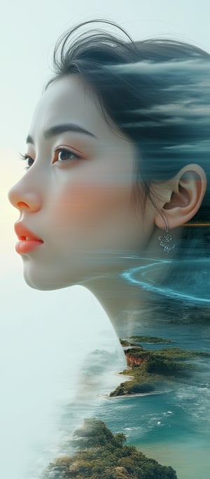 Book cover, A surreal double exposure portrait that blends a woman’s face with a beautiful seascape. The overall mood is dreamy and mystical, with rich colors and intricate details. By 007