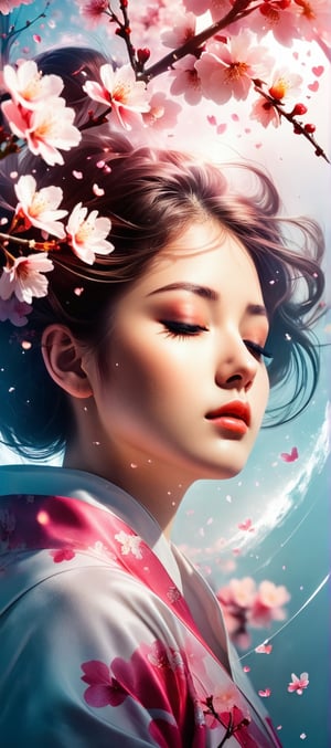 80% screen cherry blossom border silhouette double exposure, girl and portrait, pretty girl face with eyes closed, HD, 8k, vivid