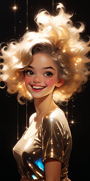 realistic beautiful young (by Conrad Roset, Nicola Samori, smiling), (purposefully beautiful:1.4), (1920s pinup girl, cute face, long hair, golden hair, silver lights, glitter), highly detailed, vibrant, production cinematic character render, ultra high quality model, 