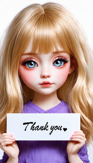 (Very pretty Chinese supermodel girl, with beautiful blond hair, big blue eyes, bright and vibrant, long and thick eyelashes, holding a big sign with the words "Thank you ♥" in both hands. The background is cute, light tones, Mark Ryden style), detailed texture, high quality, high resolution, high precision, realism, color correction, suitable lighting settings, harmonious composition, Behance work, text, the text is "Thank you"