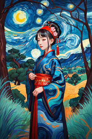 Night Forest, a girl dressed in traditional Chinese Han costume, depicted in the style of a Van Gogh painting. Her costume features simple patterns and bright colors, typical of Chinese textiles, and includes an intricately decorated robe and headband. The brushstrokes are bold and expressive, with swirling textures and dynamic movement reminiscent of Van Gogh's signature style. The background is a natural landscape with a vivid, swirling sky and lush greenery, painted in an equally dynamic and textured manner, reinforcing the girl's connection to her cultural heritage. ",Visual_Illustration,ruanyi0715