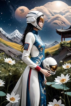 "The beautiful girl is dressed in a traditional Chinese dress with intricate embroidery, flowing and graceful, (wearing a modern astronaut helmet), the visor of the helmet reflects the tranquil beauty of nature, perhaps a lush landscape or a starry sky, adding a sense of wonder and adventure. The background is cleverly detailed to enhance the focus on the girl, blending elements of tradition and exploration in a harmonious and visually captivating way.",astronaut_flowers,aodaixl,anime,ParallelObserver
