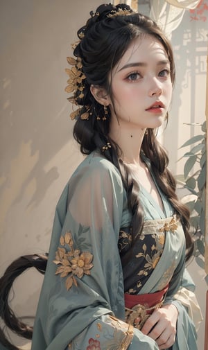 Natural Light, (Best Quality, highly detailed, Masterpiece:1.2), 16k, depth of field, ((wide shot)), 1girl A lady with long black hair, Full body picture,Tang Dynasty Clothing, dark green silk thread, Transparent watercolor, splash ink rendering, chaos rendering, (beautiful and detailed eyes), (realistic detailed skin texture), (detailed hair), (realistic light and shadow), (clean outline, sketch style line art),ink splash,solid color background