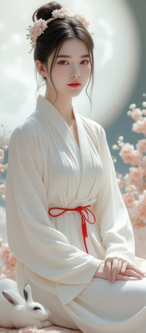  A young woman in a beautiful white hanfu sits on a soft, patterned fabric. She is adorned with delicate floral hair ornaments and a red tassel hangs from her waist. Her expression is serene and elegant, her gaze directed towards the viewer. A white rabbit sits beside her, adding a touch of innocence and charm to the scene. The background features a large moon, creating a sense of cultural richness and mystique.By 007