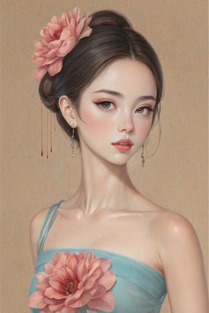 Inspired by roses and love, this contemporary sketch portrait of a tender lady is created on silk textured paper, utilizing a vibrant color palette and smooth lines reminiscent of the work of Chinese contemporary artist Zhang Xiaogang, with an abstract background filled with lilies ,chinese_painting