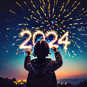 AiArtV, Happy New Year 2024, New Year 2024,  1boy, solo, long hair, black hair, long sleeves, upper body, outdoors, sky, from behind, star (symbol), blurry, night, depth of field, blurry background, star (sky), night sky, fireworks ,2024, template, background