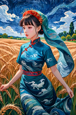 A girl in a wheat field, dressed in a traditional Chinese cheongsam dress, depicted in the style of a Van Gogh painting. Her dress features simple patterns and bright colors, typical of Chinese textiles, including a richly decorated veil and headband. The brushstrokes are bold and expressive, with swirling textures and dynamic movement reminiscent of Van Gogh's signature style. The background is a natural landscape with a vivid, swirling sky and lush greenery, painted in an equally dynamic and textured manner, reinforcing the girl's connection to her cultural heritage. ",Visual_Illustration,ruanyi0715