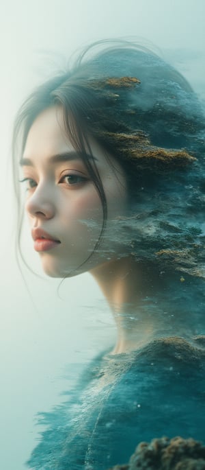 Book cover, A surreal double exposure portrait that blends a woman’s face with a beautiful seascape. The overall mood is dreamy and mystical, with rich colors and intricate details. By 007