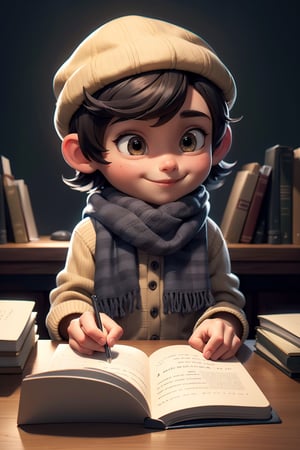 A boy with dark short hair,  Bchildren face,full body photo,cute Brown White Striped Top,Gray Woolen Hat,  Smiling, holding a thick book in his right hand. Sit at the desk, put your left hand on the book, concentrate on reading,single eyelid,Gray Woolen Scarf