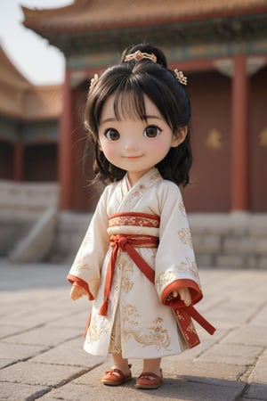masterpiece,best quality,high resolution,PVC,rendering,chibi,high resolution,a teenage girl,anya forger,black hair,long wavy hairstyle,hanfu costume,black eyes,smile,selfish goal,chibi,landscape of the Forbidden City in China. Landscape,smile,smiley face,self-righteous,full body,chibi,3D character,toy,teenage girl,character print,front view,natural light,((real))1.2)),dynamic pose,medium movement,perfect movie-like perfect lighting,perfect composition,costume,anya_forger_spyxfamily,JediOutfit,BnnBnn,