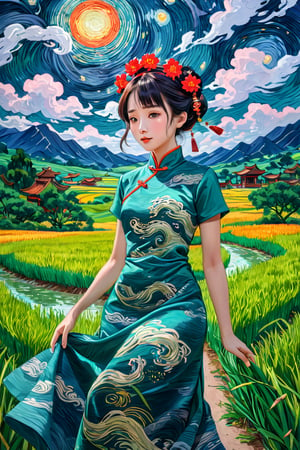 Green rice fields, a girl dressed in a traditional Chinese cheongsam dress, depicted in the style of a Van Gogh painting. Her dress features simple patterns and bright colors, typical of Chinese textiles, including an intricately decorated hairpiece. The brushstrokes are bold and expressive, with swirling textures and dynamic movement reminiscent of Van Gogh's signature style. The background is a natural landscape with a vivid, swirling sky and lush greenery, painted in an equally dynamic and textured manner, reinforcing the girl's connection to her cultural heritage. ",Visual_Illustration,ruanyi0715