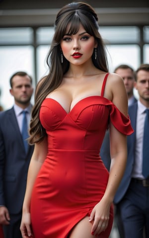(best quality, 4k, 8k, high resolution, masterpiece: 1.2), ultra detailed, (realistic, photo-realistic, photo-realistic: 1.37), 1 girl, solo, looking at the audience, long hair, bangs, black hair, red dress, open lips, (red and red dress: 1.2), professional photography