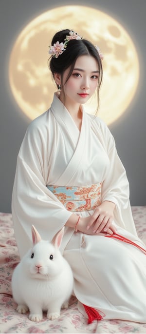  A young woman in a beautiful white hanfu sits on a soft, patterned fabric. She is adorned with delicate floral hair ornaments and a red tassel hangs from her waist. Her expression is serene and elegant, her gaze directed towards the viewer. A white rabbit sits beside her, adding a touch of innocence and charm to the scene. The background features a large moon, creating a sense of cultural richness and mystique.By 007